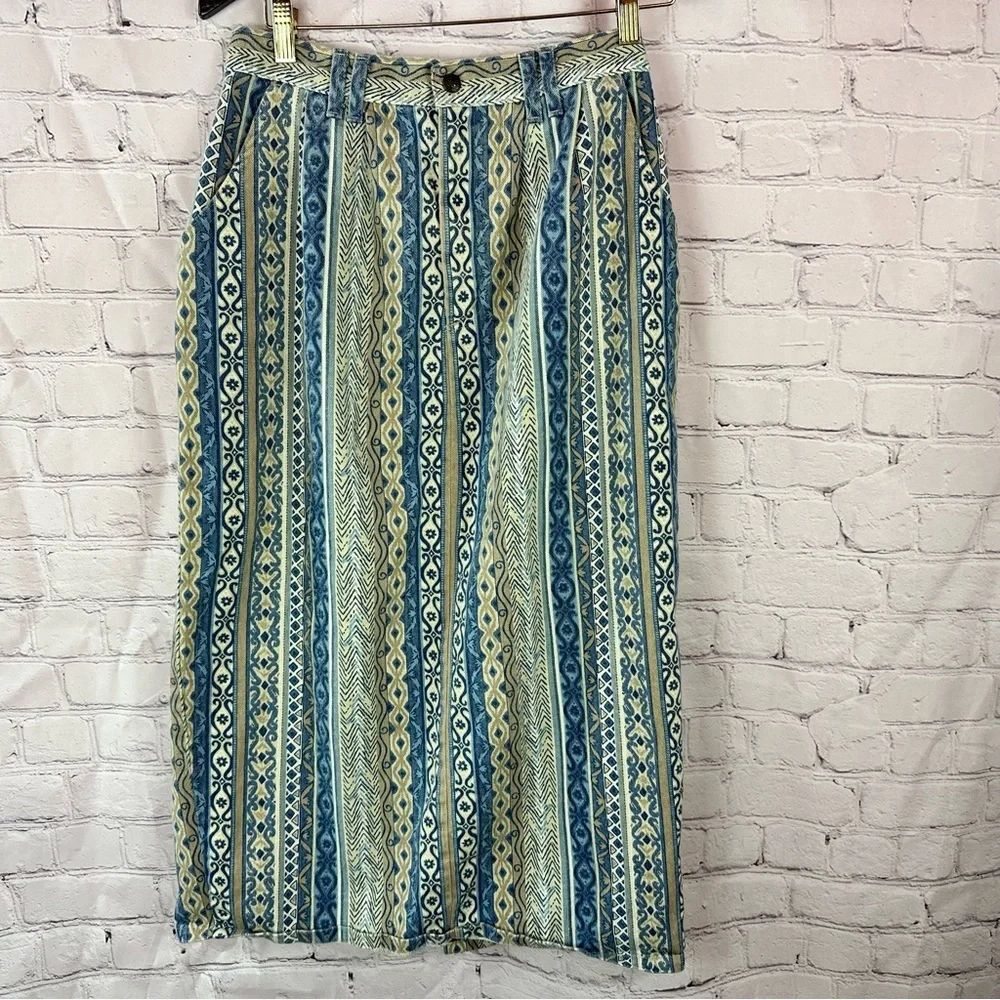 vtg western boho denim Midi pencil straight Skirt womens M cowgirl rodeo stripes